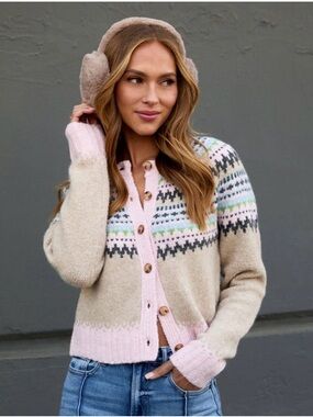Vici Cream and Pink Fair Isle Button Cardigan